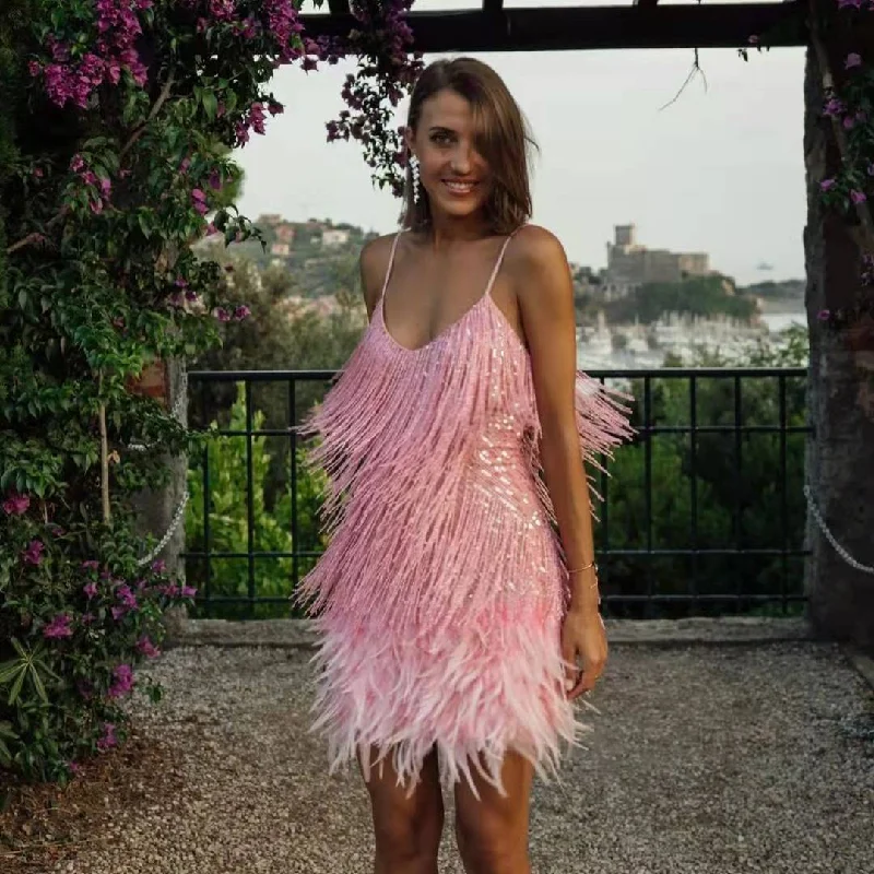 Tassel Sequins Feather Stitching Dress