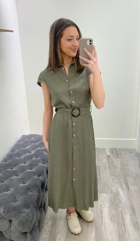 Vintage Tortoise Shell Button Dress Khaki