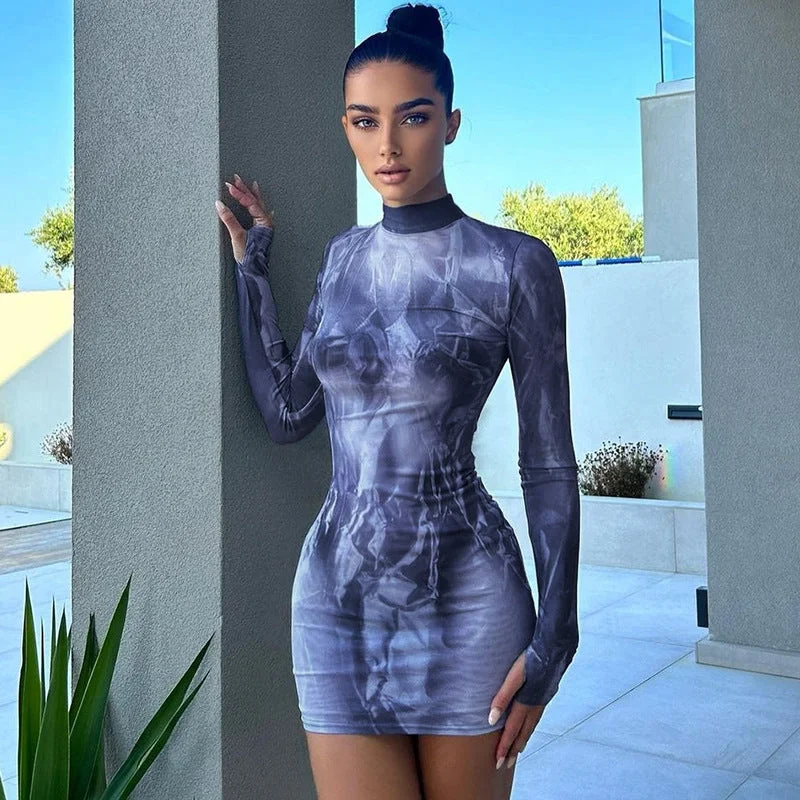 Printed slim round neck hip dress