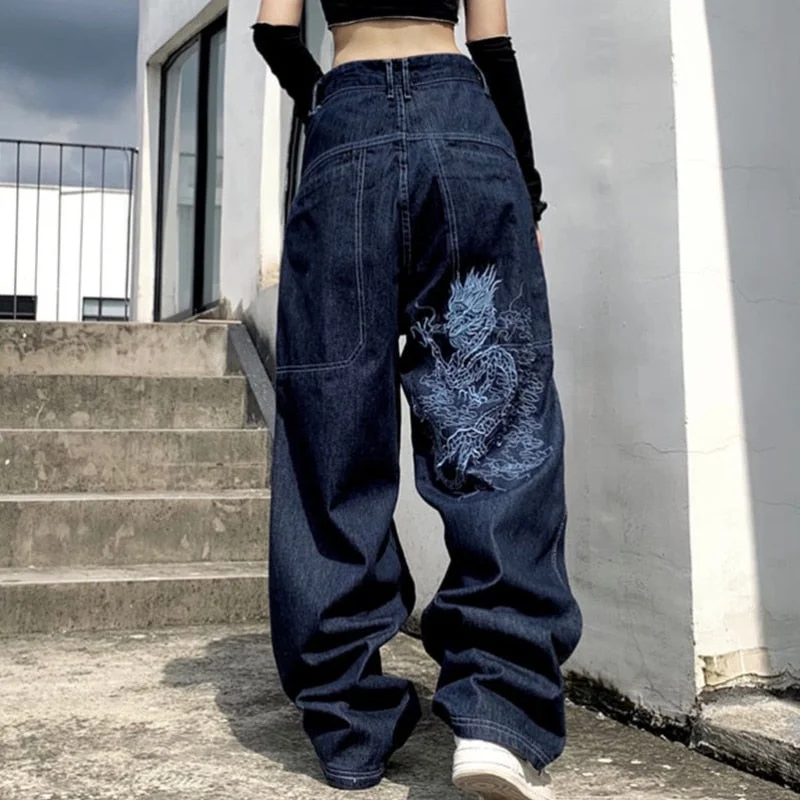 American retro street loose embroidered straight-leg jeans women Comfortable Stretch Fit Jeans