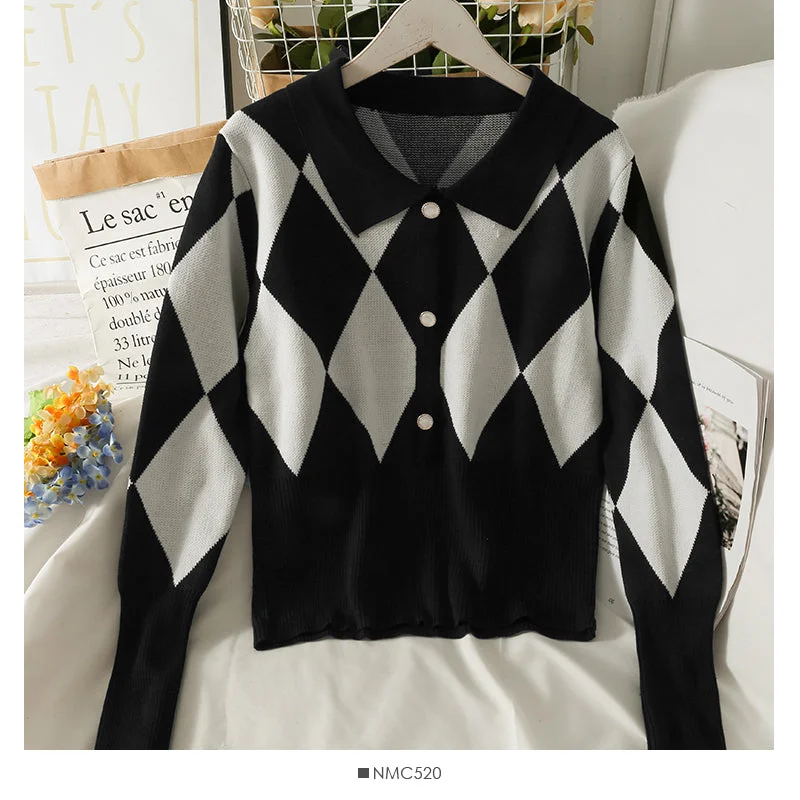 Autumn Vintage color blocking diamond Plaid Lapel long sleeve knitted Pullover Sweater 2024 Zippered Buttoned Snapped Autumn Vintage color blocking diamond Plaid Lapel long sleeve knitted Pullover Sweater 2024 Zippered Buttoned Snapped