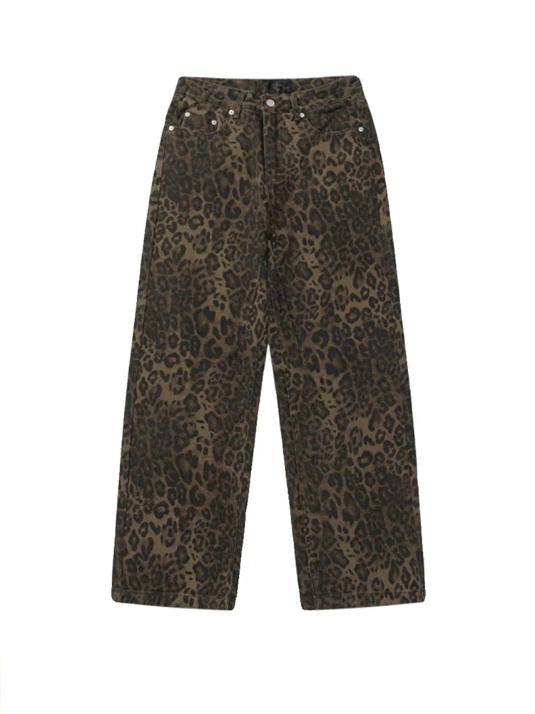 Baggy Leopard Print Y2k Jeans Women High Waisted  Casual Trendy Wide-Legged High-Waist Jeans