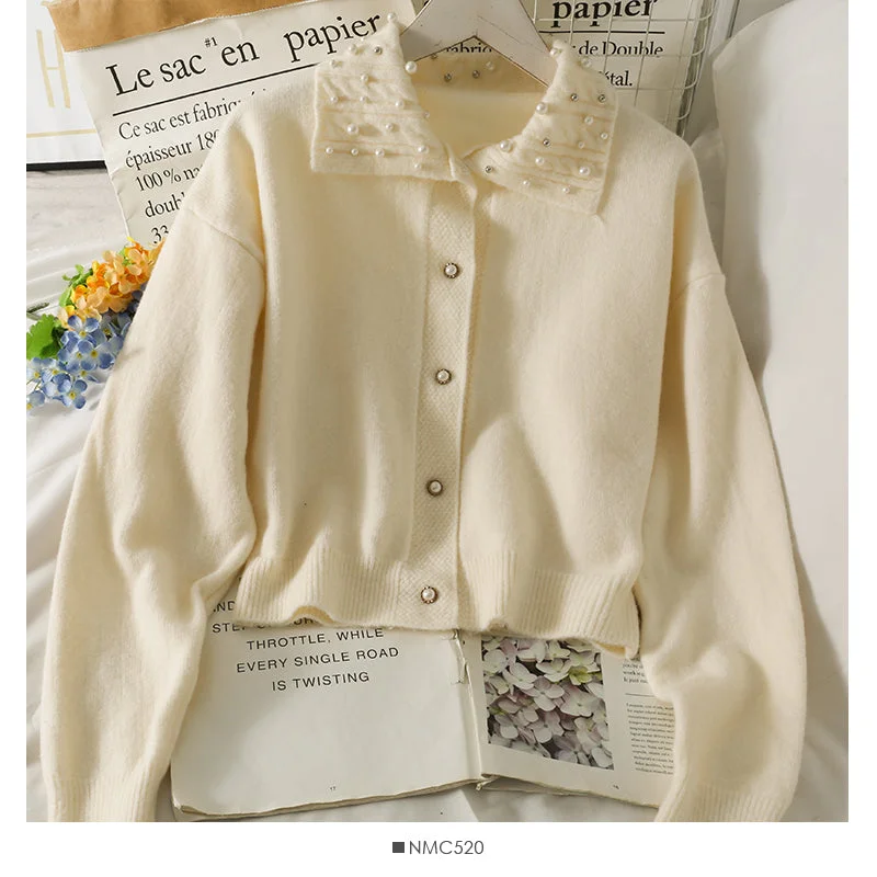 Beaded Lapel single breasted slim cardigan sweater  2034 Print Jacquard Patchwork