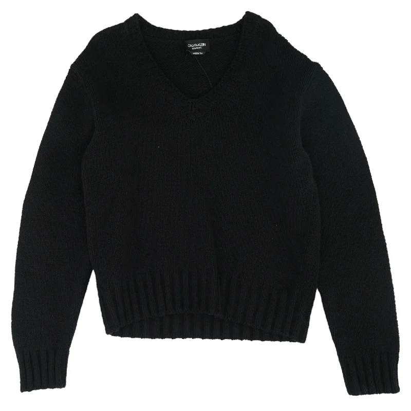 Black Solid V-Neck Sweater Ribbed Striped Patterned