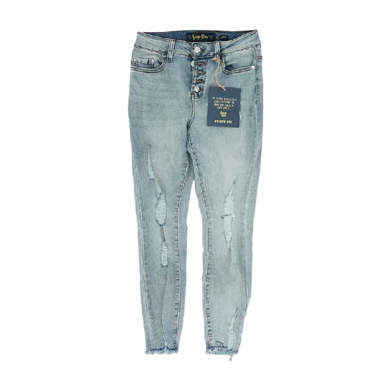 Blue Solid High Rise Skinny Leg Jeans Elegant Raw Hem Jeans