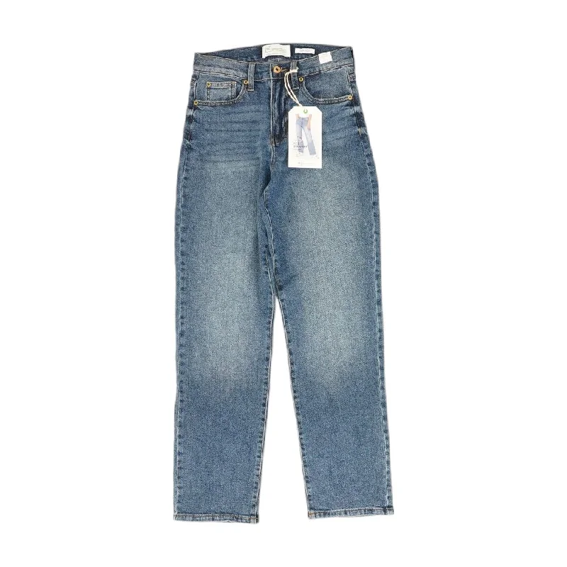 Blue Solid High Rise Straight Leg Jeans Chic Rip-Detail High-Waist Jeans