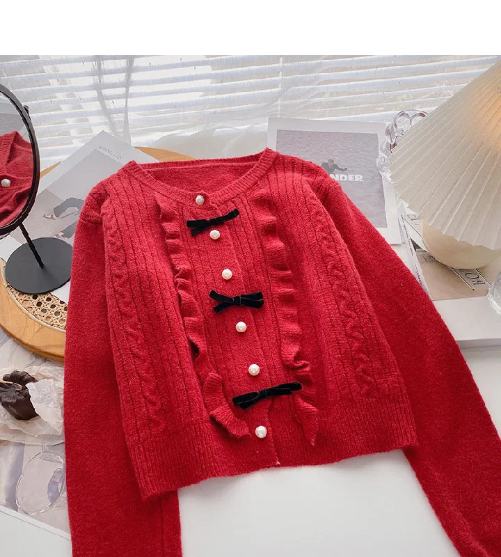 Bow round neck pearl button sweater sweet long sleeve top 6074 Real Fur Shearling Chenille Bow round neck pearl button sweater sweet long sleeve top 6074 Real Fur Shearling Chenille