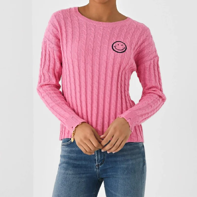 Cable Varsity Smiley Crew Sweater In Malibu/navy Terry Terry Cloth Terry Knit