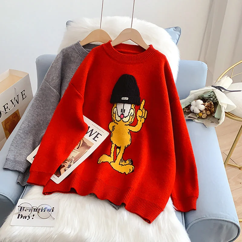 Cartoon pattern Crew Neck Sweater lazy style 5007 Zippered Front Buttoned Front Snap Front Cartoon pattern Crew Neck Sweater lazy style 5007 Zippered Front Buttoned Front Snap Front