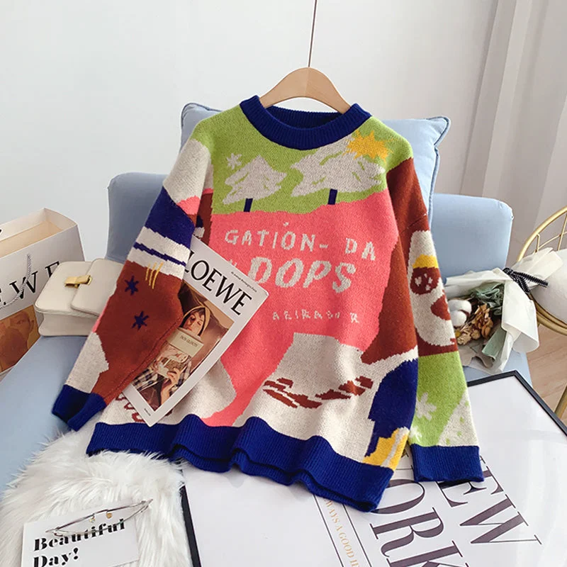 Cartoon sweater Korean knitted bottomed Shirt Top 4981 Front Pockets Side Pockets Patch Pockets Cartoon sweater Korean knitted bottomed Shirt Top 4981 Front Pockets Side Pockets Patch Pockets