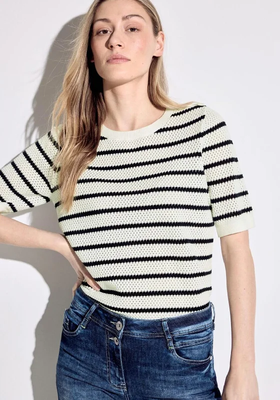 Cecil Striped Short Sleeve Sweater, White Zippered Buttoned Snapped