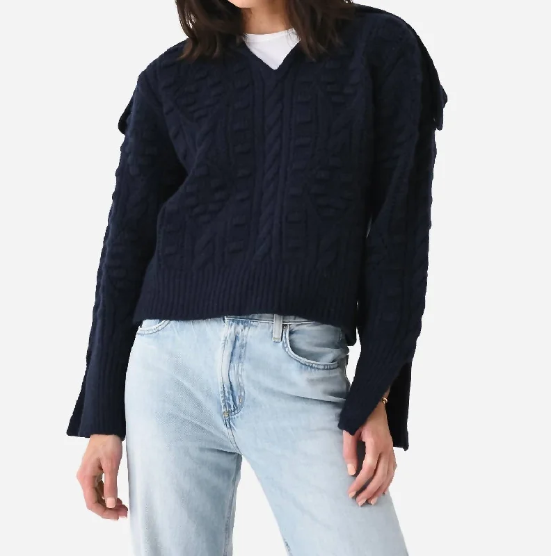 Cele Sweater In Navy Hooded Caped Shawl Collar