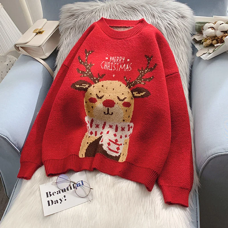 Christmas elk sweater women's thickened sweater top  4919 Oversized Loose Flowy