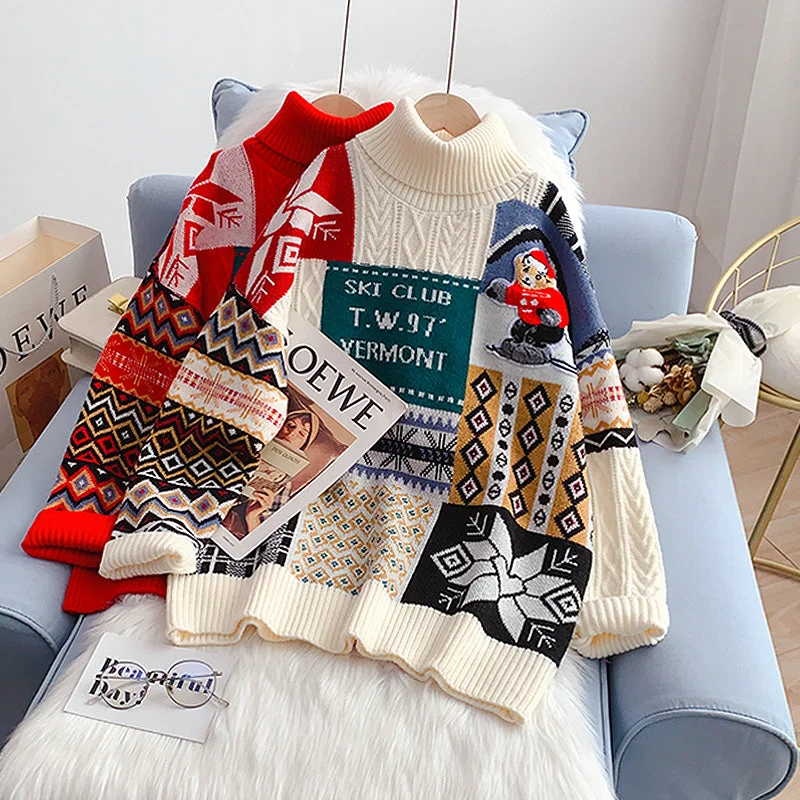 Christmas sisters high neck sweater new Knitted Top  4924 Spandex Rayon Corduroy