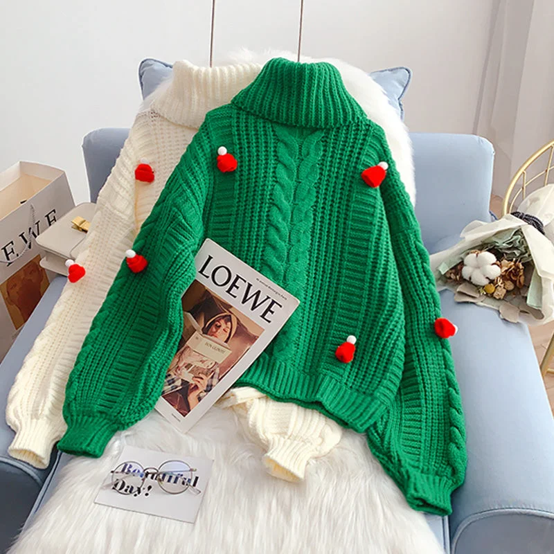 Christmas style turtleneck sweater thick loose lazy style  4947 Thin Thick Dense
