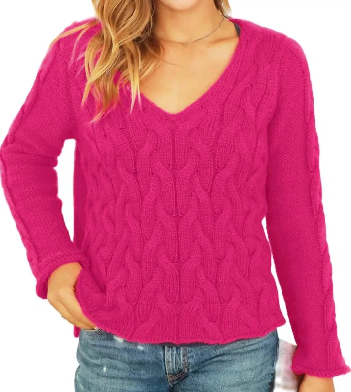Cobblestone Cable Sweater In Hot Pink Solid Print Embellished