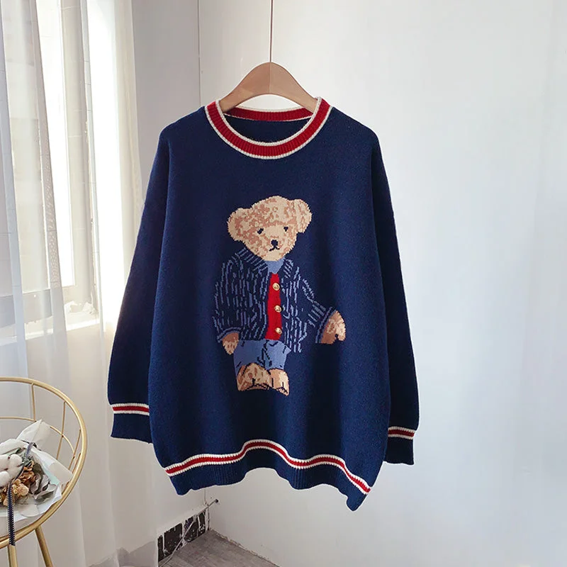 College style cute cartoon bear sweater round neck Pullover 4935 Zippered Front Buttoned Front Snap Front College style cute cartoon bear sweater round neck Pullover 4935 Zippered Front Buttoned Front Snap Front