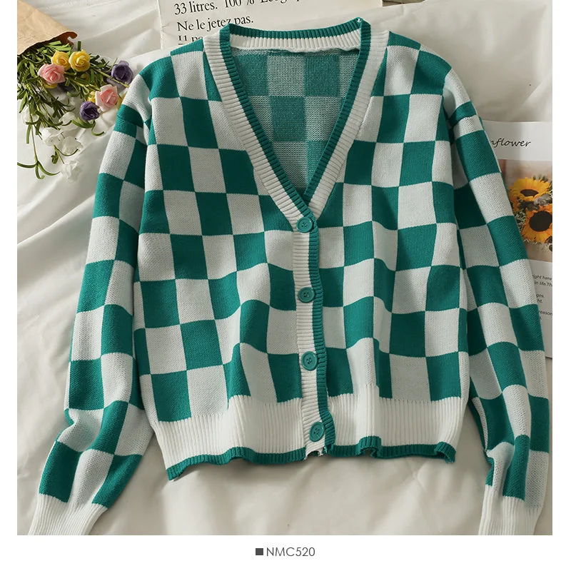 Color blocking Plaid low collar single breasted long sleeved top women's thin cardigan long sleeved sweater 1986 Striped Floral Plaid Color blocking Plaid low collar single breasted long sleeved top women's thin cardigan long sleeved sweater 1986 Striped Floral Plaid