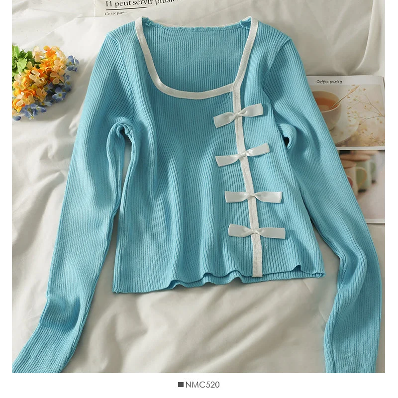 Color matching bow decoration slim long sleeve sweater  2076 Long Sweater Short Sweater Cropped Sweater