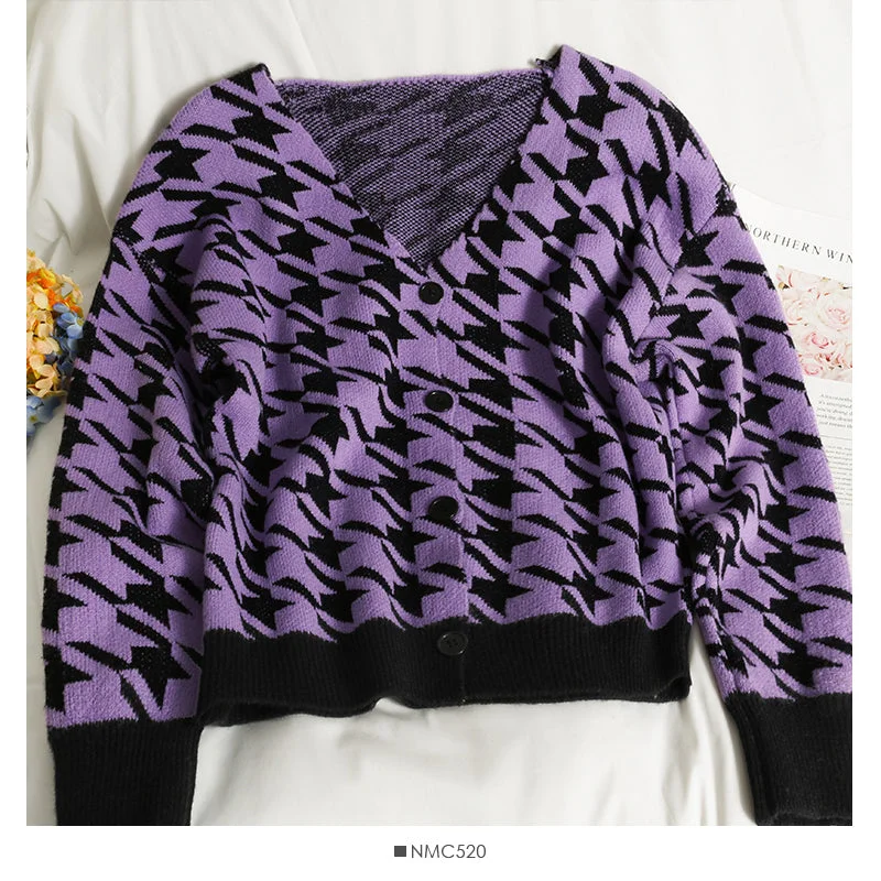 Color matching taro purple thousand bird check V-neck cardigan sweater 2032 Toggled Drawstring Belted Color matching taro purple thousand bird check V-neck cardigan sweater 2032 Toggled Drawstring Belted