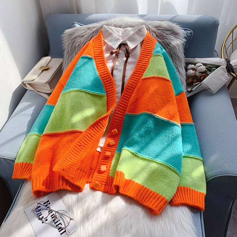 Color striped cardigan sweater fruit sweater coat 4959 Turtle Neck Boat Neck Asymmetrical Neck Color striped cardigan sweater fruit sweater coat 4959 Turtle Neck Boat Neck Asymmetrical Neck