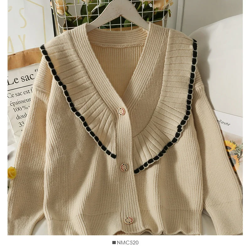 Contrast Ruffle V-neck single breasted loose thin sweater  1834 Stylish Fashionable Trendy