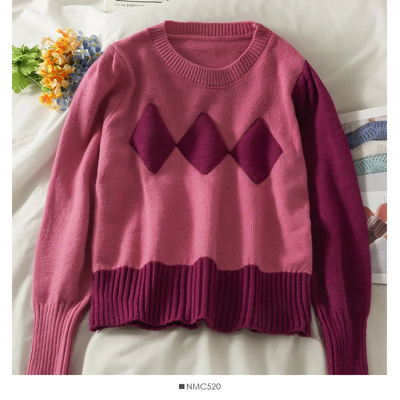 Contrast stitching crew neck slim knit women's plaid sweater  1998 Machine Wash Dry Clean Hand Wash