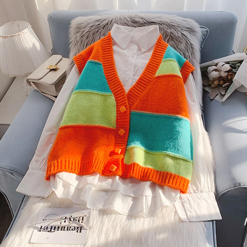 Contrast striped knitted cardigan sleeveless sweater waistcoat 4963 Toggled Drawstring Belted Contrast striped knitted cardigan sleeveless sweater waistcoat 4963 Toggled Drawstring Belted
