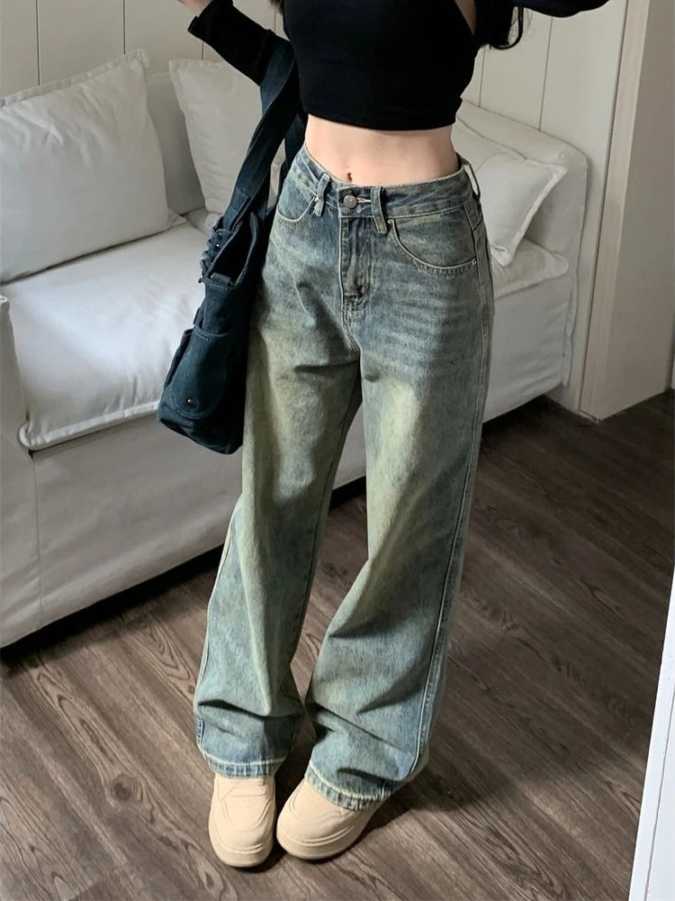 Y2k Baggy Wide Leg Jeans Women Vintage Streetwear Washed Denim Pants Classic Blue Denim Jeans
