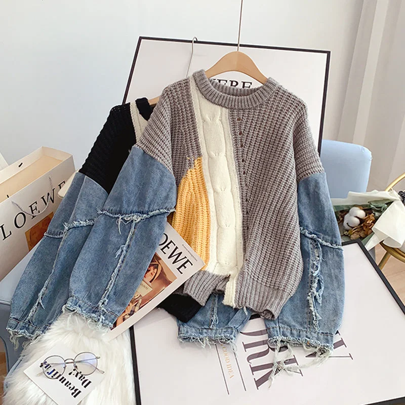 Denim sleeve stitched sweater niche sweater top 4923 Lightweight Heavyweight Midweight Denim sleeve stitched sweater niche sweater top 4923 Lightweight Heavyweight Midweight