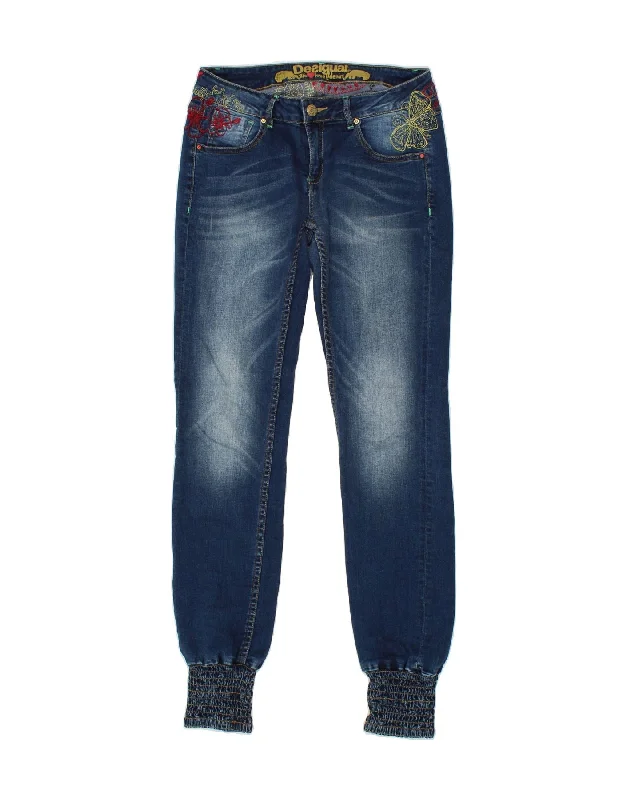 DESIGUAL Womens Joggers Slim Jeans W30 L32 Blue Floral Elegant Raw Hem Jeans