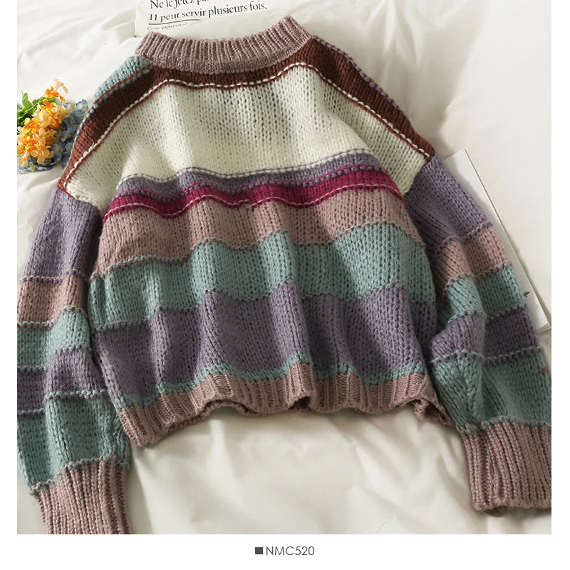 Elegant color contrast stripe round neck long sleeve Pullover Sweater women 2071 Chenille Brocade Lace Elegant color contrast stripe round neck long sleeve Pullover Sweater women 2071 Chenille Brocade Lace