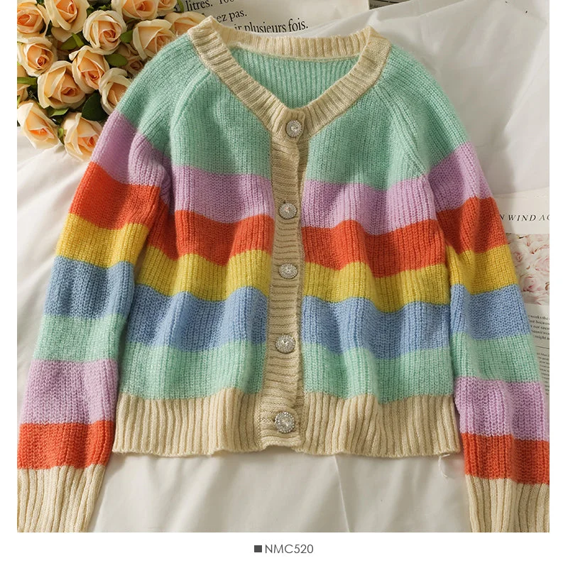 Elegant color stripe single breasted cardigan long sleeved sweater 1991 Solid Print Embellished Elegant color stripe single breasted cardigan long sleeved sweater 1991 Solid Print Embellished