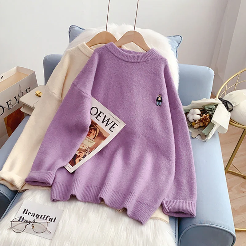 Embroidered bear sweater women's versatile sweater top  5029 Iron Safe Non-Iron Wrinkle Free