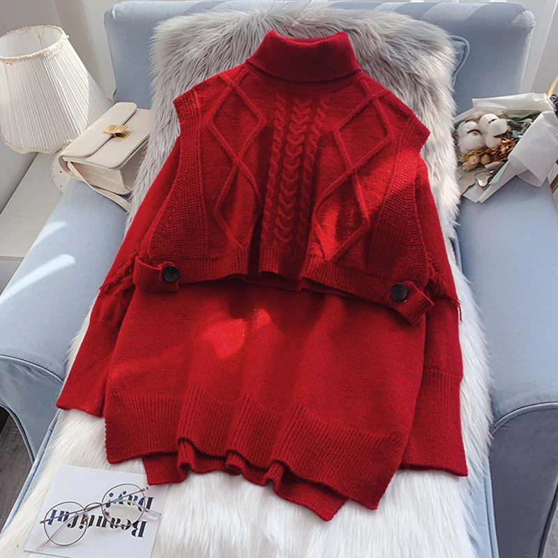 Folding high necked sweater suit two-piece set 4958 Open Front Closed Front Wrap Front Folding high necked sweater suit two-piece set 4958 Open Front Closed Front Wrap Front