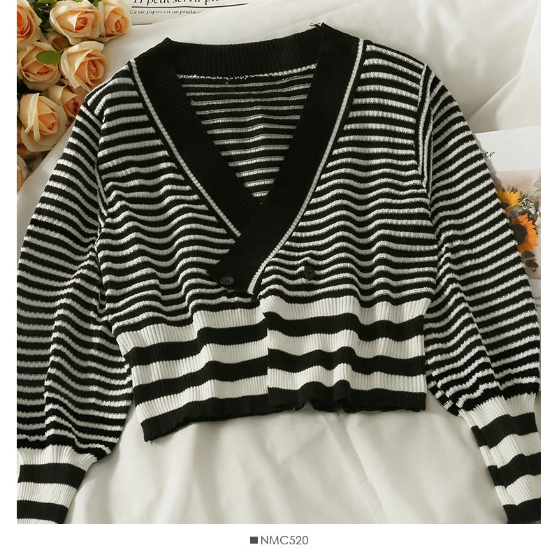 French minority two button stripe short sweater women  2010 Tailored Straight A-Line