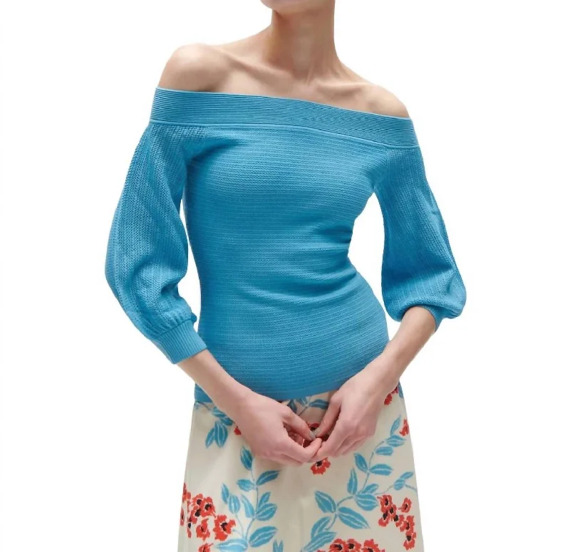 Gloria Sweater In Misty Blue Turtle Neck Boat Neck Asymmetrical Neck