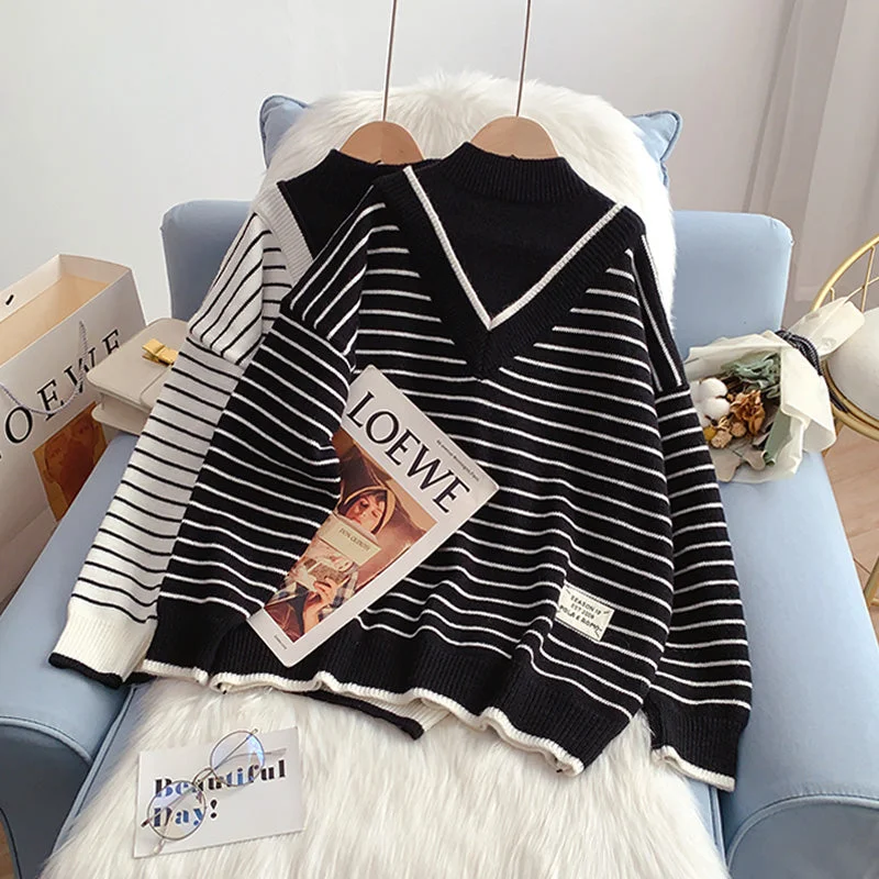 Half high collar fake two sweaters lazy wind stripe sweater 5013 Houndstooth Herringbone Solid Half high collar fake two sweaters lazy wind stripe sweater 5013 Houndstooth Herringbone Solid