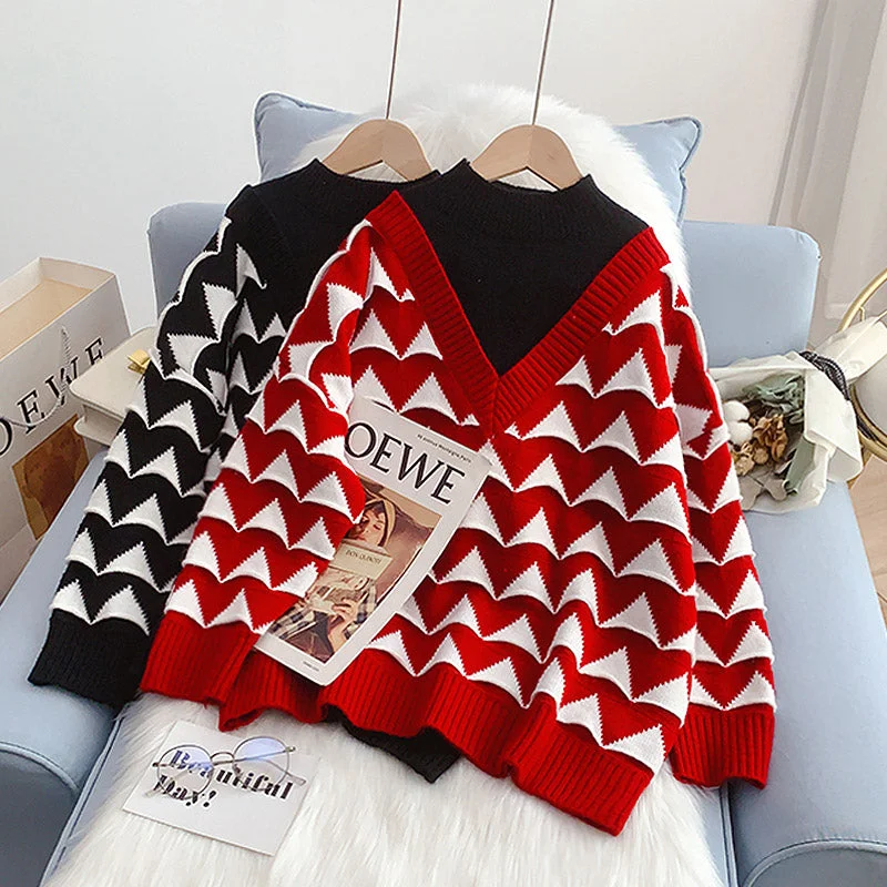 Half high neck sweater female small man fake two piece design sense 4936 Fitted Loose Oversized Half high neck sweater female small man fake two piece design sense 4936 Fitted Loose Oversized