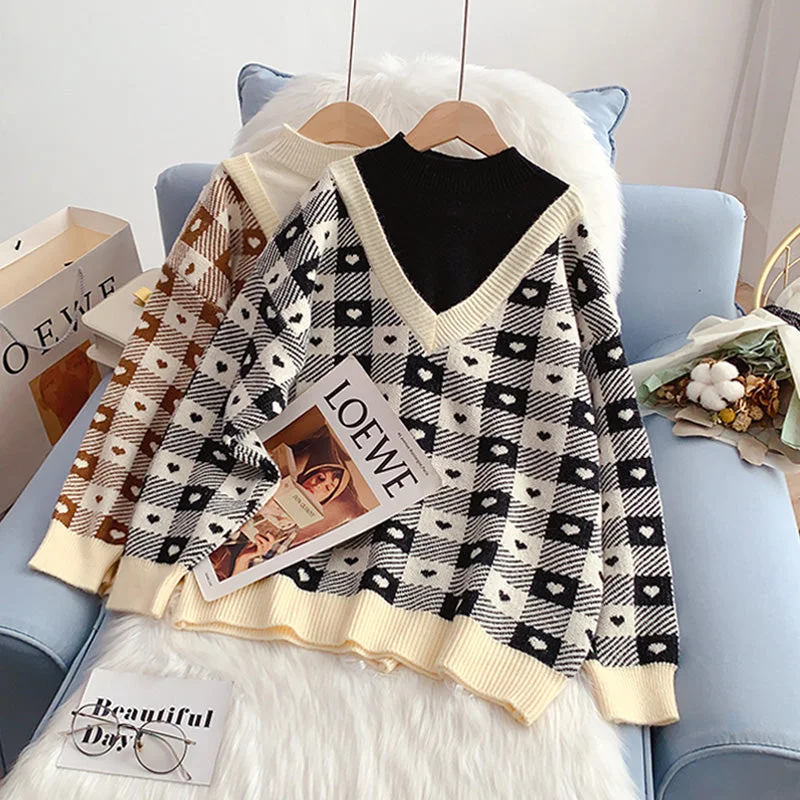 Half turtleneck sweater design fake two-piece sweater top  4964 Terry Blend Velvet Blend Canvas Blend