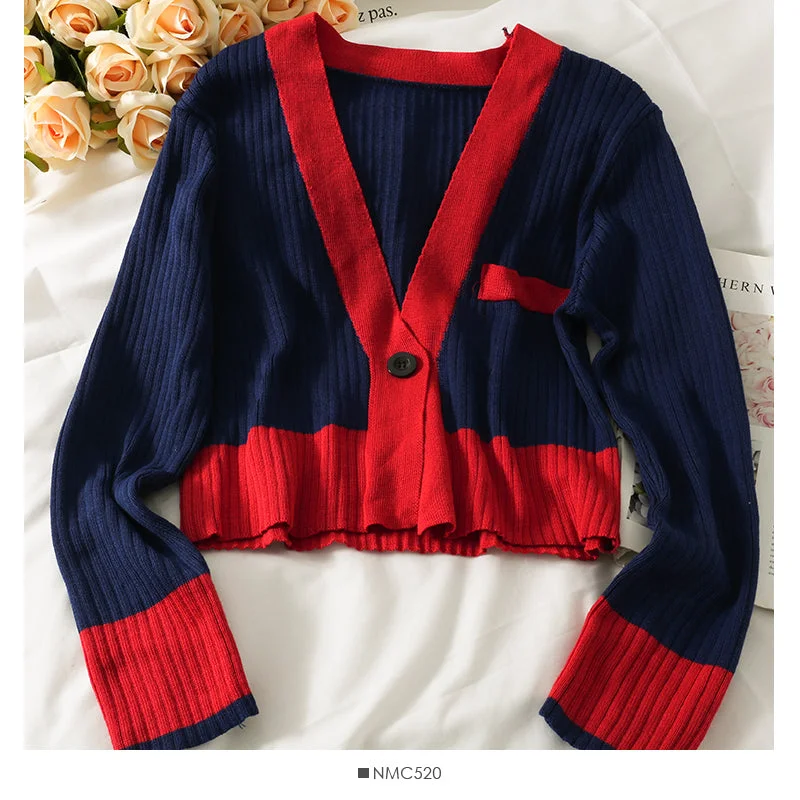 Han Fan contrast color stitched one button long sleeve sweater for women 1949 Anti-Pilling Anti-Shrink Durable Han Fan contrast color stitched one button long sleeve sweater for women 1949 Anti-Pilling Anti-Shrink Durable