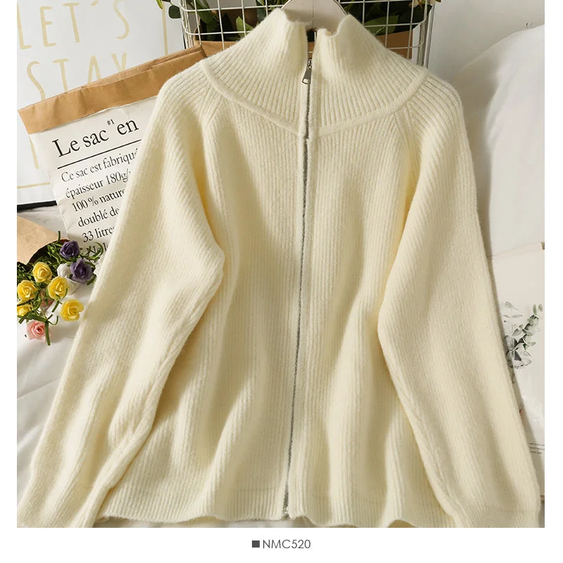 Han Fan high neck loose and thin zipper medium length sweater women 1977 Terry Terry Cloth Terry Knit Han Fan high neck loose and thin zipper medium length sweater women 1977 Terry Terry Cloth Terry Knit