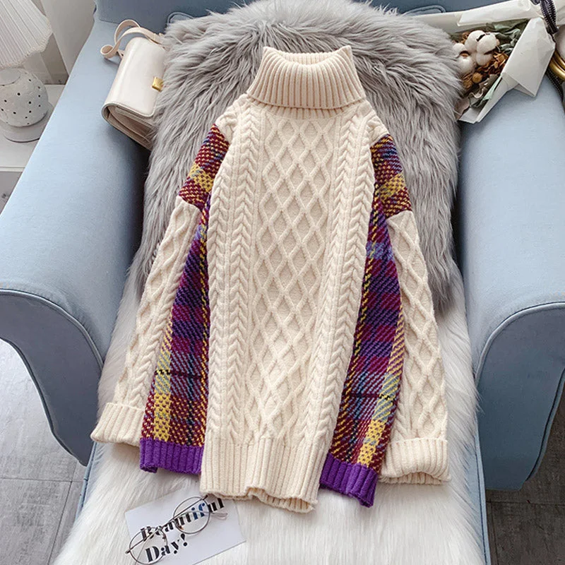 High neck sweater loose retro lazy style  5018 Solid Print Embellished