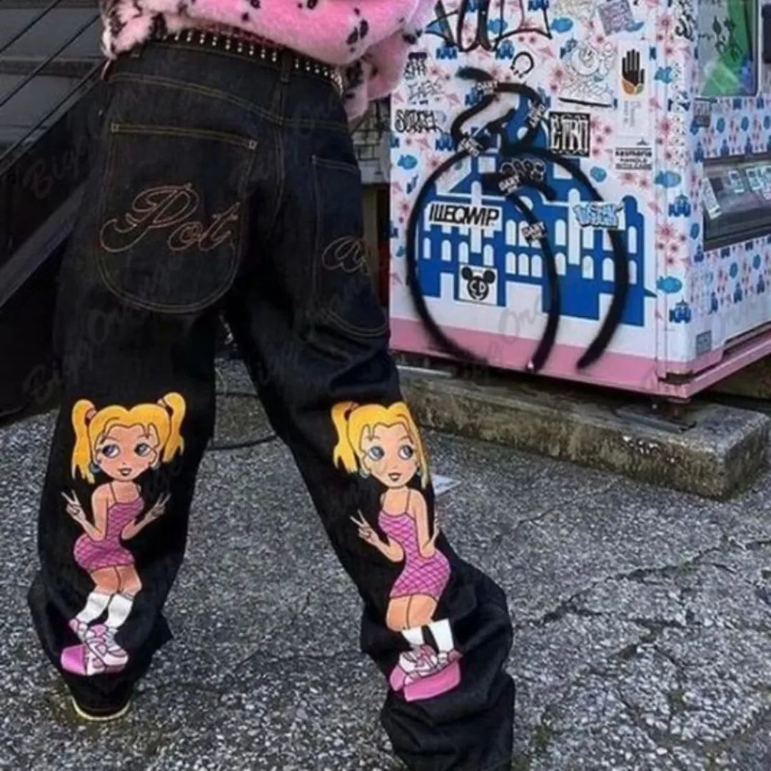 High quality double ponytail girls print jeans gothy y2k loose straight leg wide leg pants Comfortable Stretch Fit Jeans High quality double ponytail girls print jeans gothy y2k loose straight leg wide leg pants Comfortable Stretch Fit Jeans