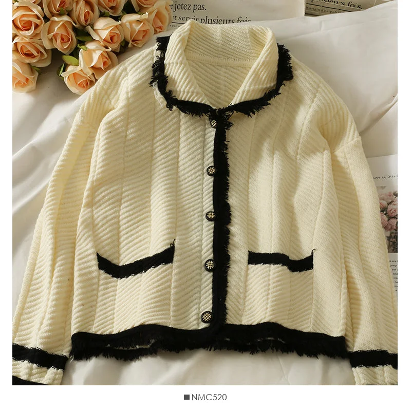 Hong Kong style retro color matching tassel single breasted sweater 2050 Wool Fabric Cashmere Fabric Tweed Fabric Hong Kong style retro color matching tassel single breasted sweater 2050 Wool Fabric Cashmere Fabric Tweed Fabric