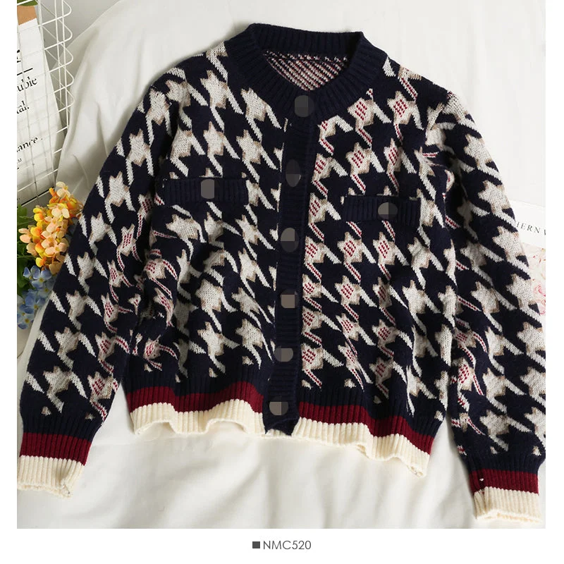 Hong Kong style retro thousand bird check color matching single breasted sweater for women 2056 Herringbone Houndstooth Plaid Hong Kong style retro thousand bird check color matching single breasted sweater for women 2056 Herringbone Houndstooth Plaid