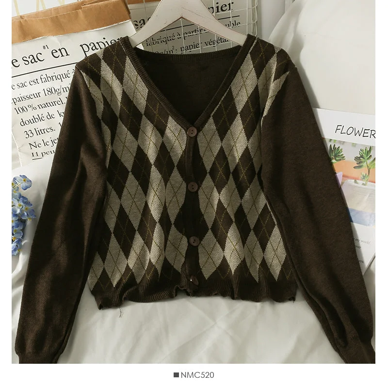 Hong Kong Style Vintage diamond check single breasted cardigan short sweater  1957 Iron Safe Non-Iron Wrinkle Free