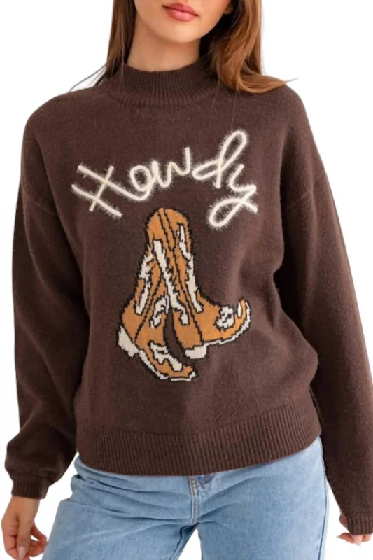 Howdy Boot Mock Neck Sweater In Coffee Stylish Fashionable Trendy