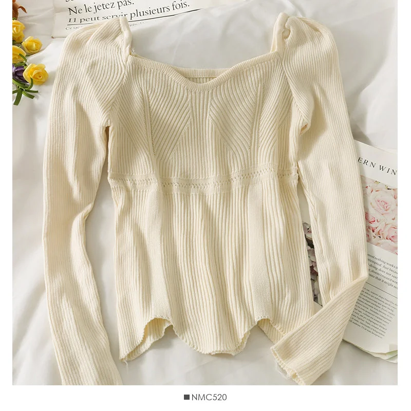 Irregular tight long sleeved foreign style sweater, women's straight shoulder exposed collarbone, versatile 1938 Stylish Fashionable Trendy Irregular tight long sleeved foreign style sweater, women's straight shoulder exposed collarbone, versatile 1938 Stylish Fashionable Trendy