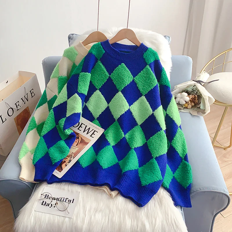 Japanese lazy flocked rhomboid sweater  4994 Casual Formal Business